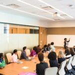 Professional team engaged in a collaborative boardroom meeting with a presentation in progress.